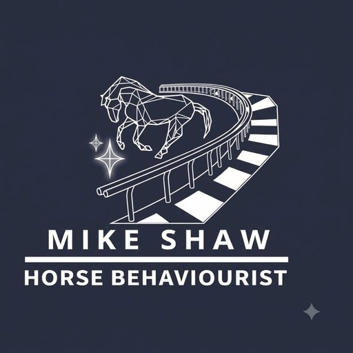 Mike Shaw Horse Behaviourist logo: a line-drawn horse galloping along a racetrack rail